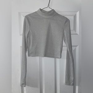 Shimmery Silver-Blue Mock Neck Crop Top SEE-THROUGH